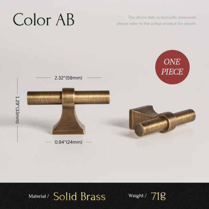 Solid brass cabinet handle with dimensions and material details on a light gray background