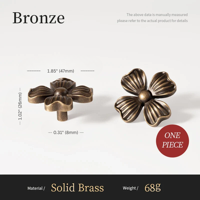 Bronze flower-shaped knobs with measurements and material details on a white background