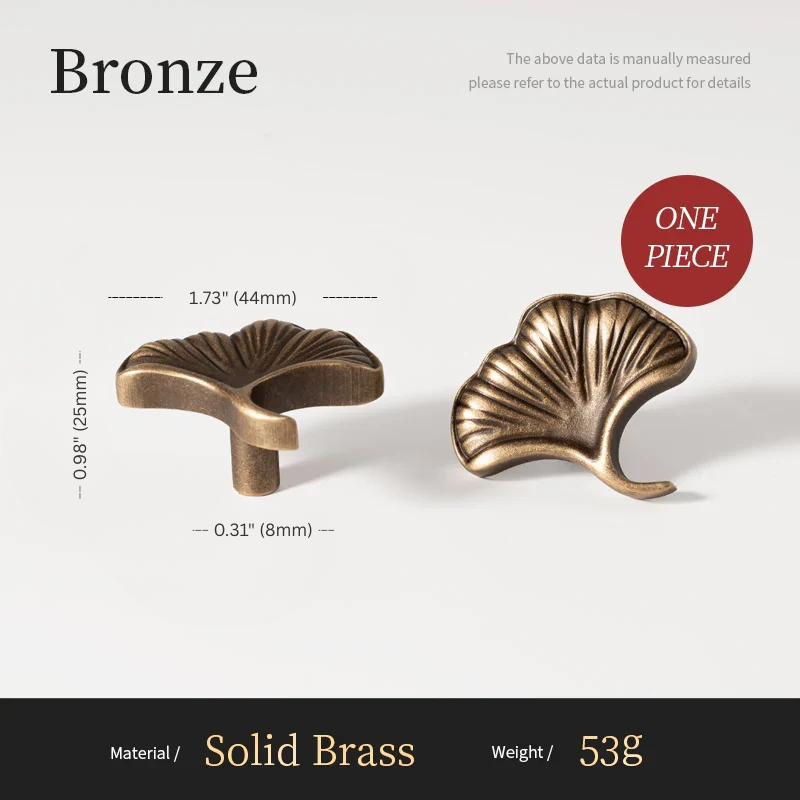 Bronze leaf-shaped knobs with measurements on a white background