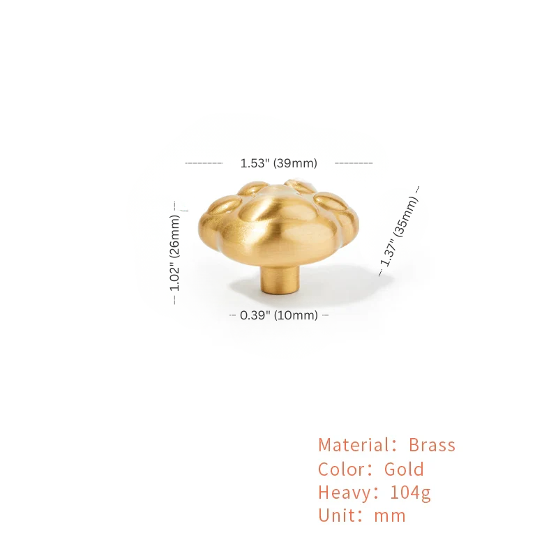 Gold cabinet knob with dimensions and material details on a white background