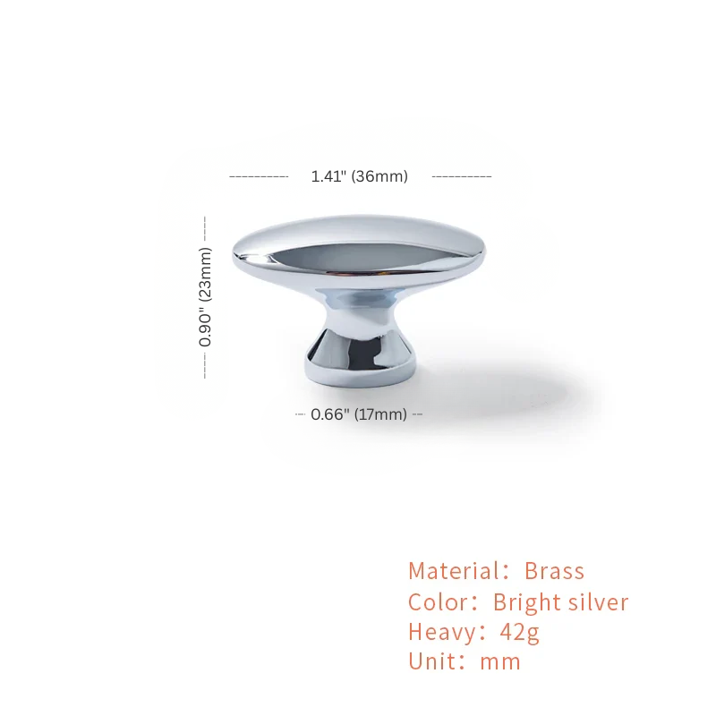 Chrome cabinet knob with dimensions and material details on a white background