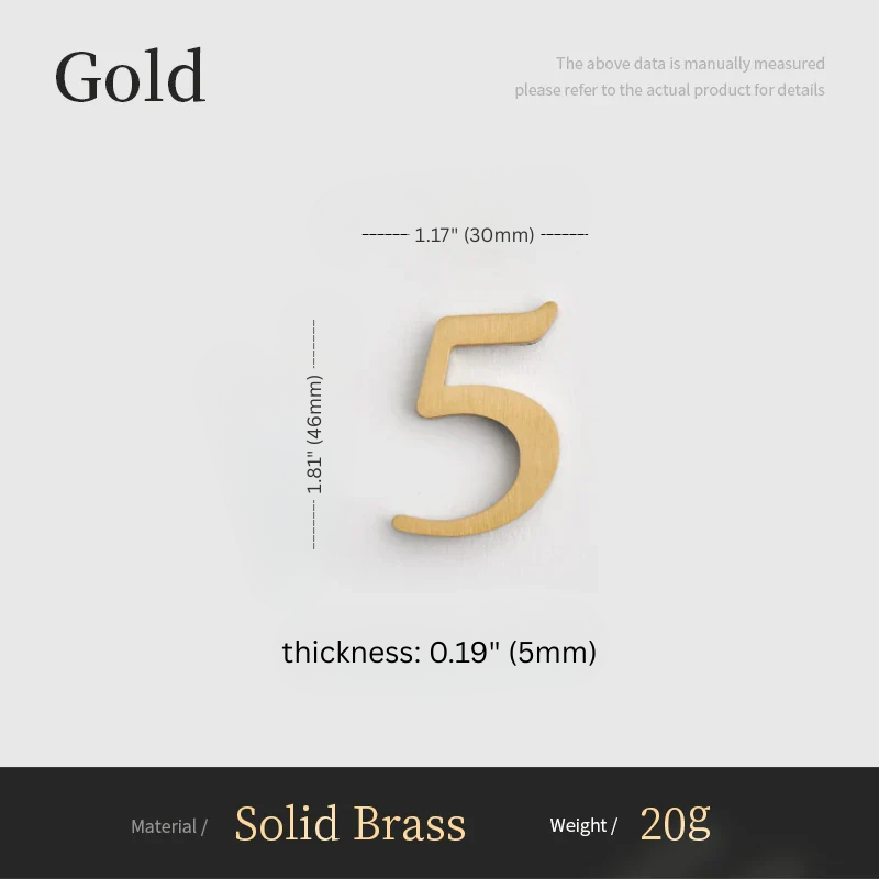 Gold number '5' with measurements on a gray background