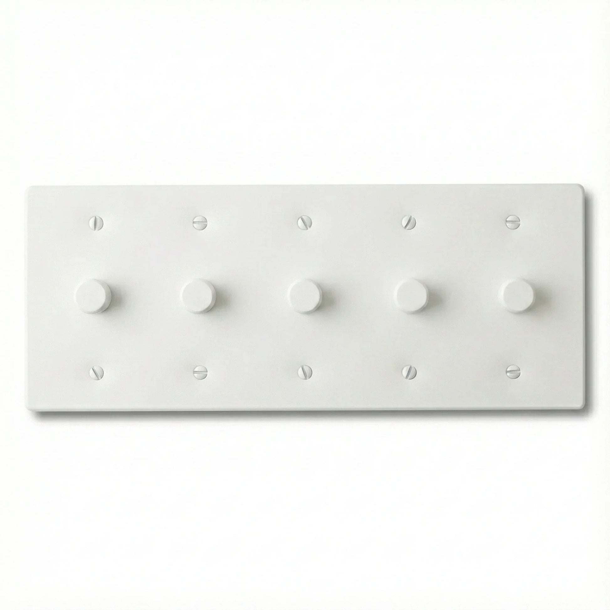 5 gang rotary dimmer with a white faceplate and matching knobs on a white background