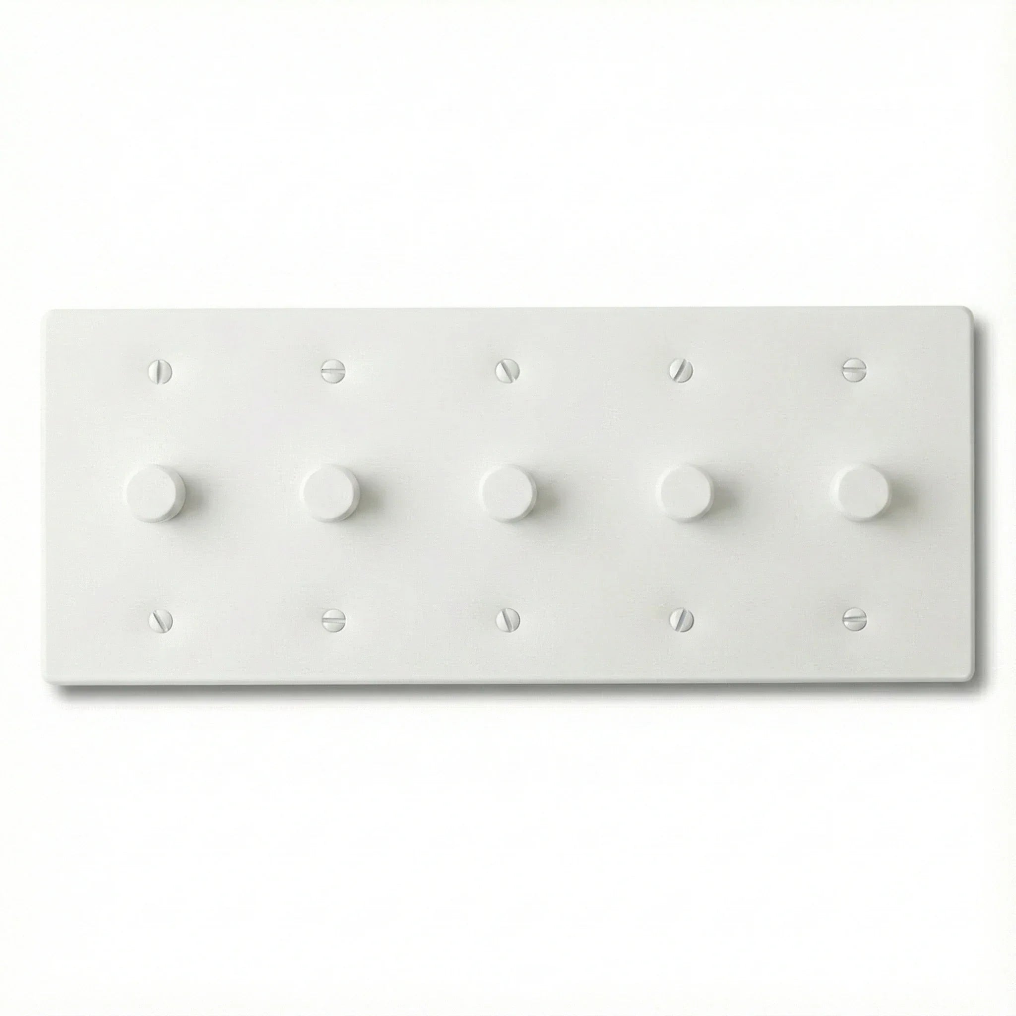 5 gang rotary dimmer with a white faceplate and matching knobs on a white background