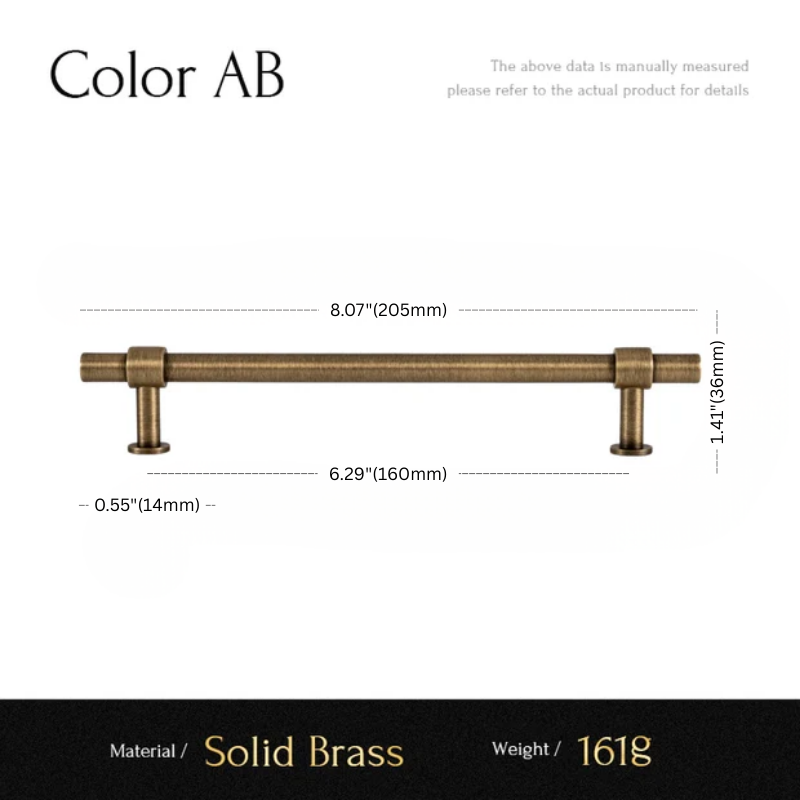 Measurement chart for a solid brass cabinet handle with dimensions and material details.