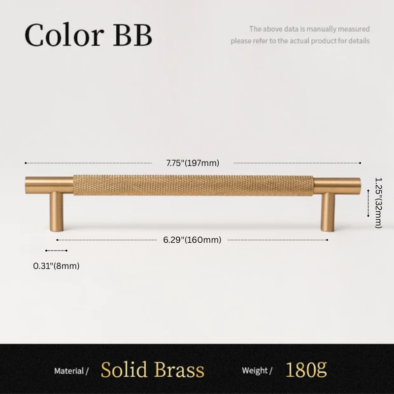 Measurement chart of a solid brass handle with dimensions and material details.