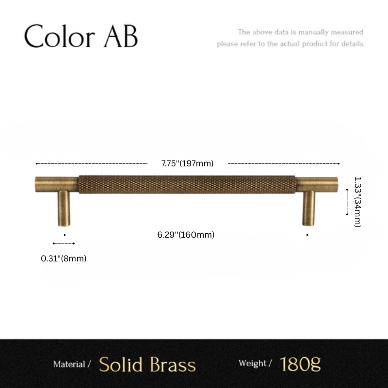 Measurement chart for a solid brass handle with dimensions and material details.