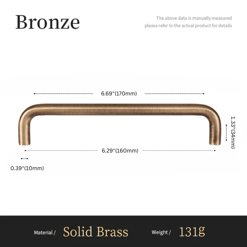 Bronze handle with dimensions and material details on a white background