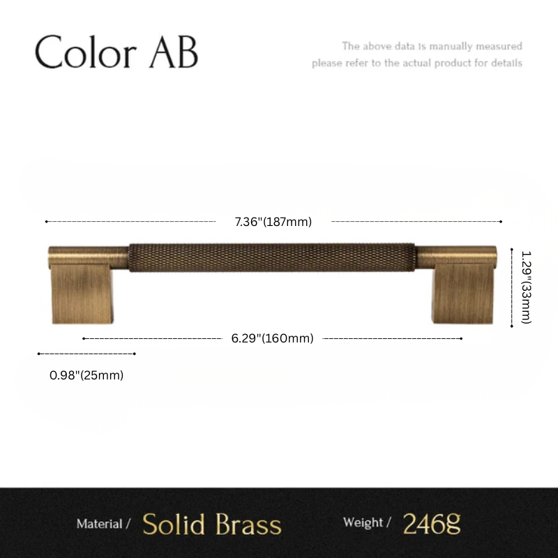 Measurement chart of a solid brass handle with dimensions and material details.