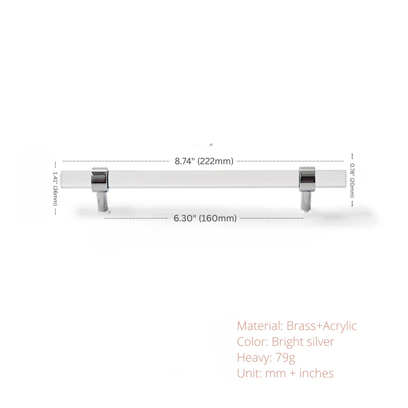 Measurement chart of a silver handle with dimensions and material details on a white background
