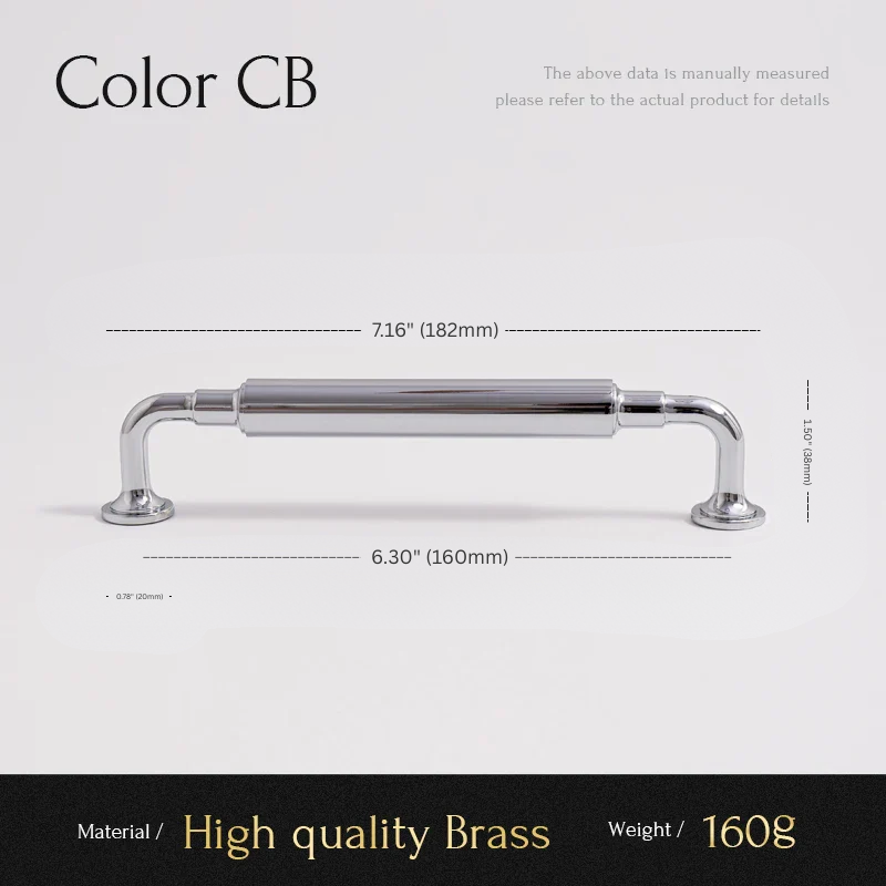 Chrome cabinet handle with dimensions and material details on a gray background