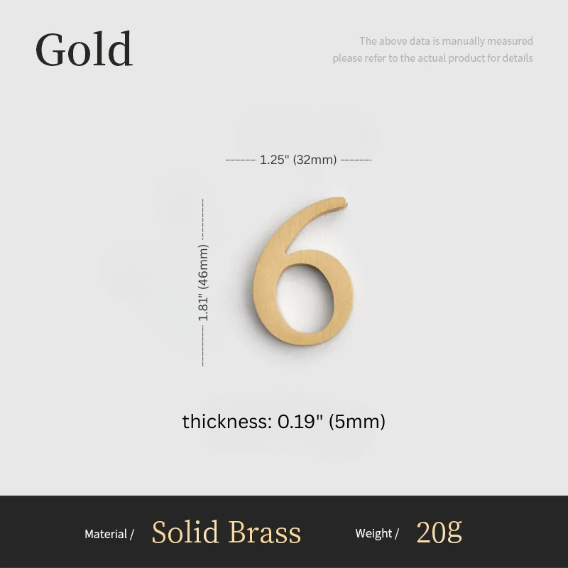 Gold number '6' with measurements on a gray background