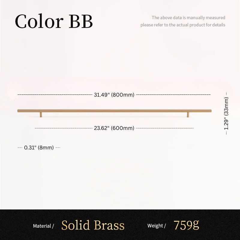 Measurement chart for a solid brass component with dimensions and weight details.