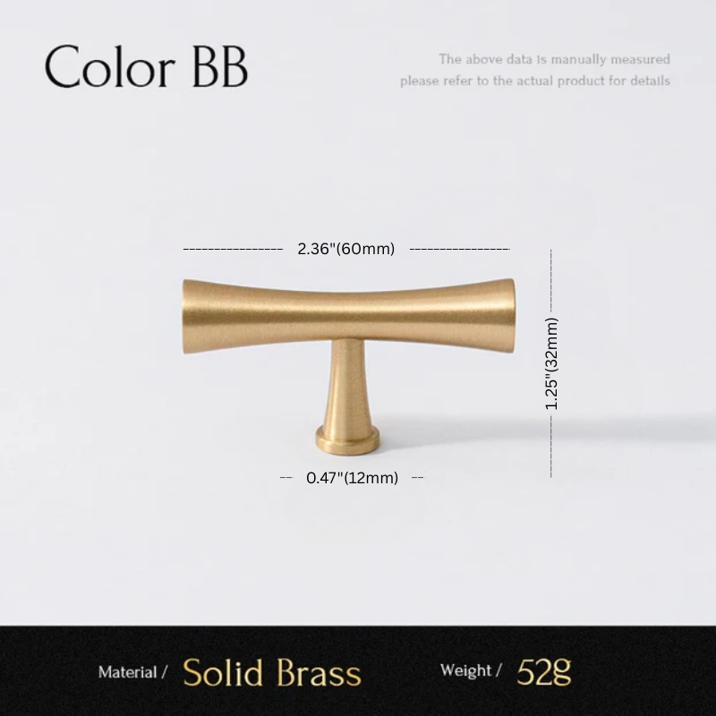 Gold cabinet handle with dimensions and material details on a white background