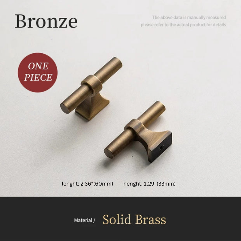 Two bronze cabinet handles on a light gray background with text indicating material and dimensions.