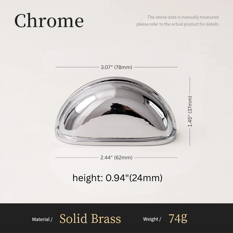 Chrome cabinet handle with dimensions and material details on a white background
