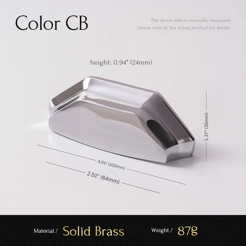 Solid brass product with dimensions and material details on a light gray background