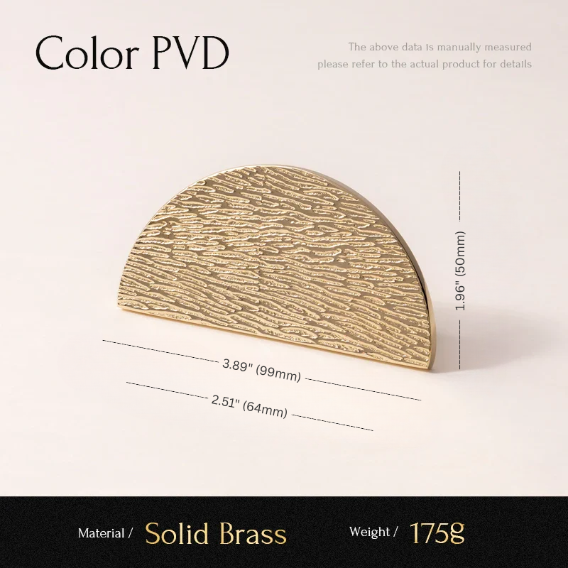 Solid brass half-circle object with measurements and material details on a white background