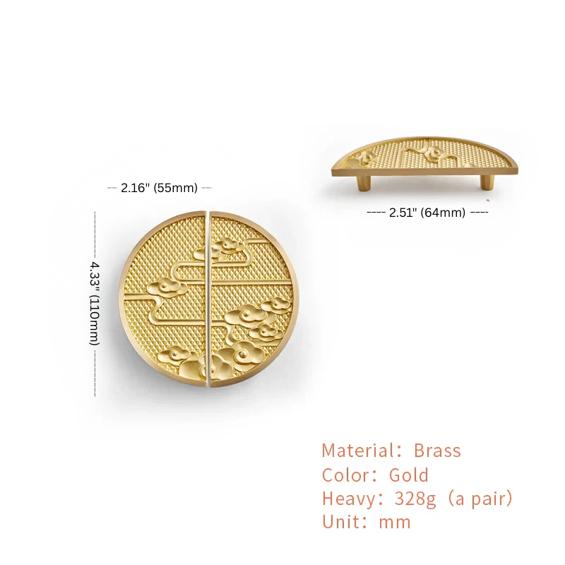 Gold decorative elements with measurements and material details on a white background