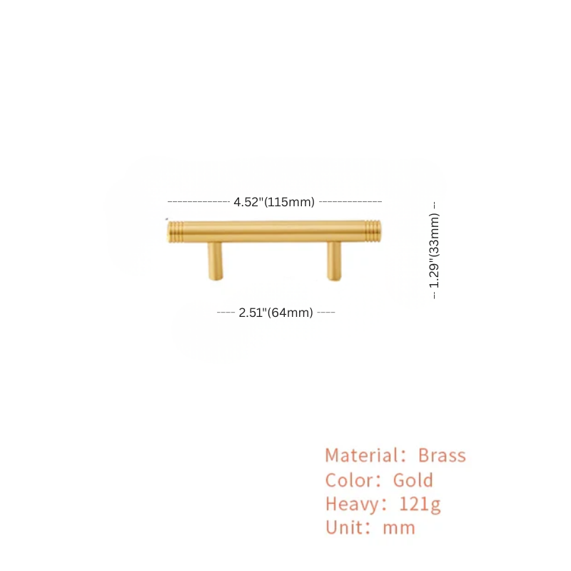 Gold cabinet handle with dimensions and material details on a white background