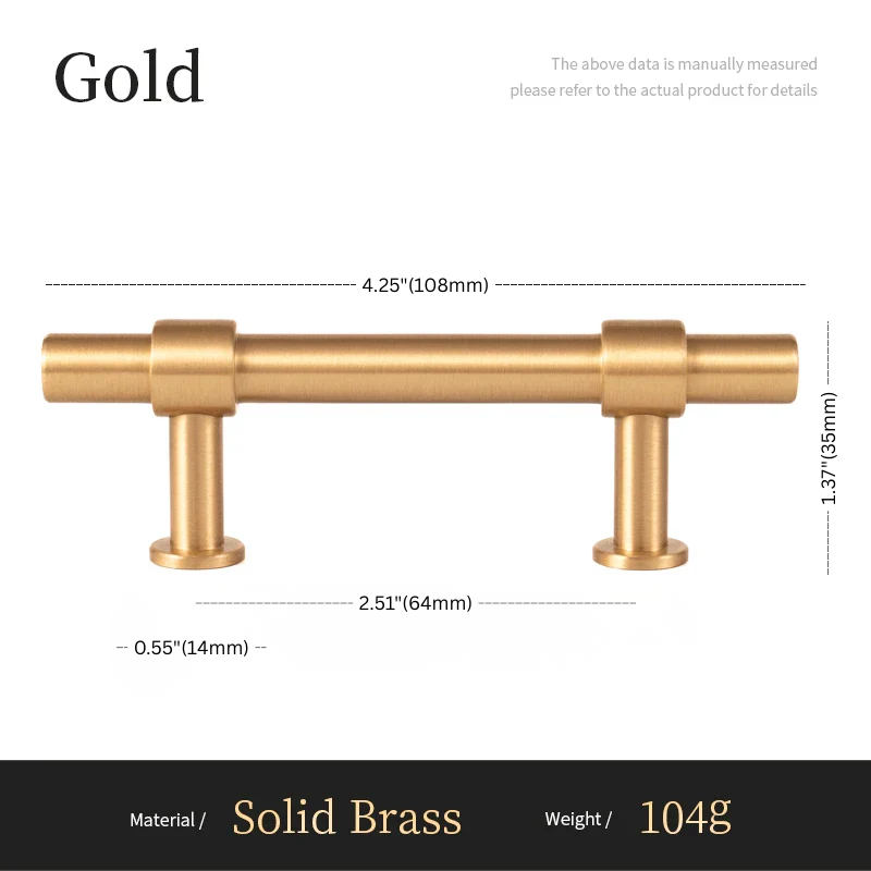 Gold cabinet handle with dimensions and material details on a white background