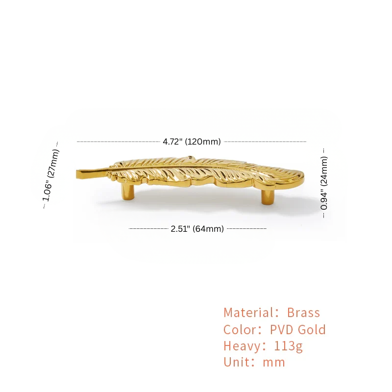 Gold leaf-shaped object with measurements on a white background