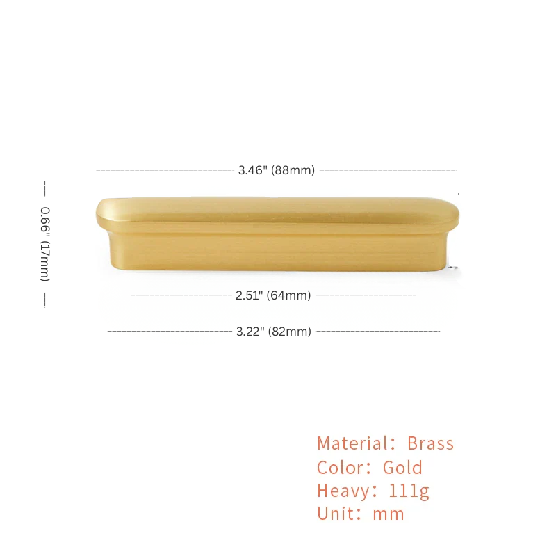 Gold rectangular bar with dimensions and material information on a white background
