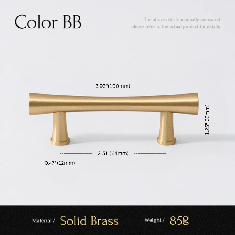 Gold cabinet handle with dimensions and material details on a white background