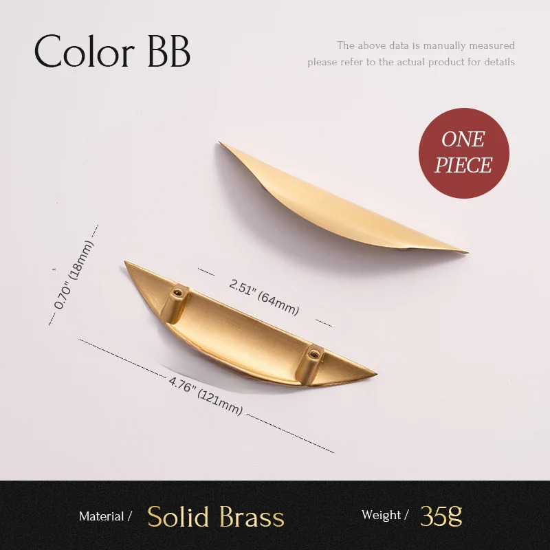 Gold cabinet handle with measurements on a light gray background