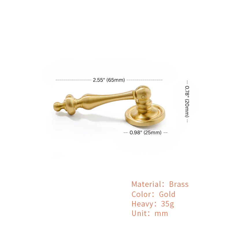 Gold door handle with dimensions and material details on a white background