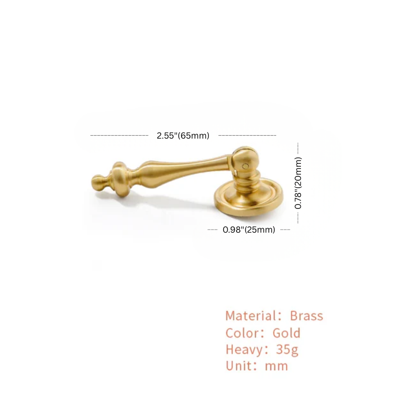 Gold door handle with dimensions and material details on a white background