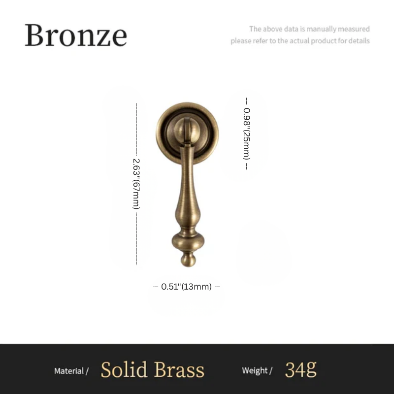 Bronze door handle with dimensions and material details on a white background