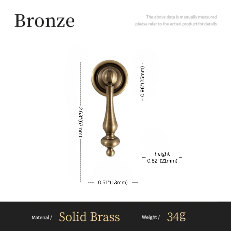 Bronze door handle with dimensions and material details on a white background