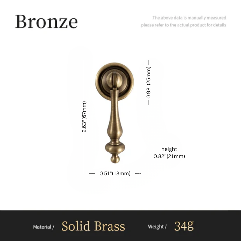 Bronze door handle with measurements on a white background