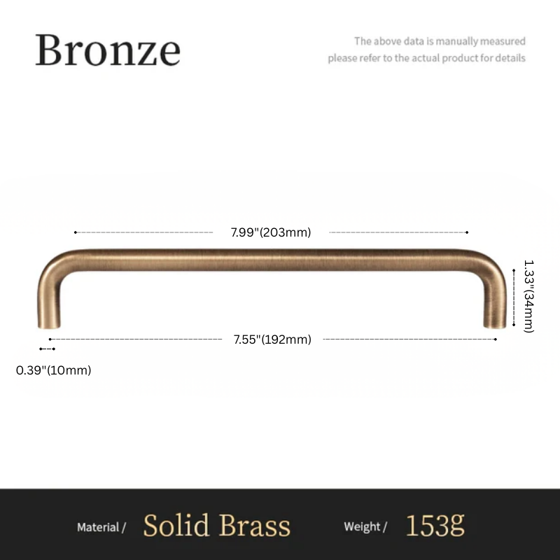 Bronze cabinet handle with measurements on a white background