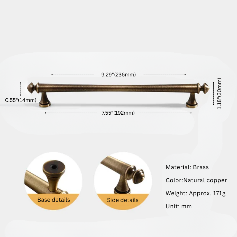 Brass cabinet handle with dimensions and material details on a white background