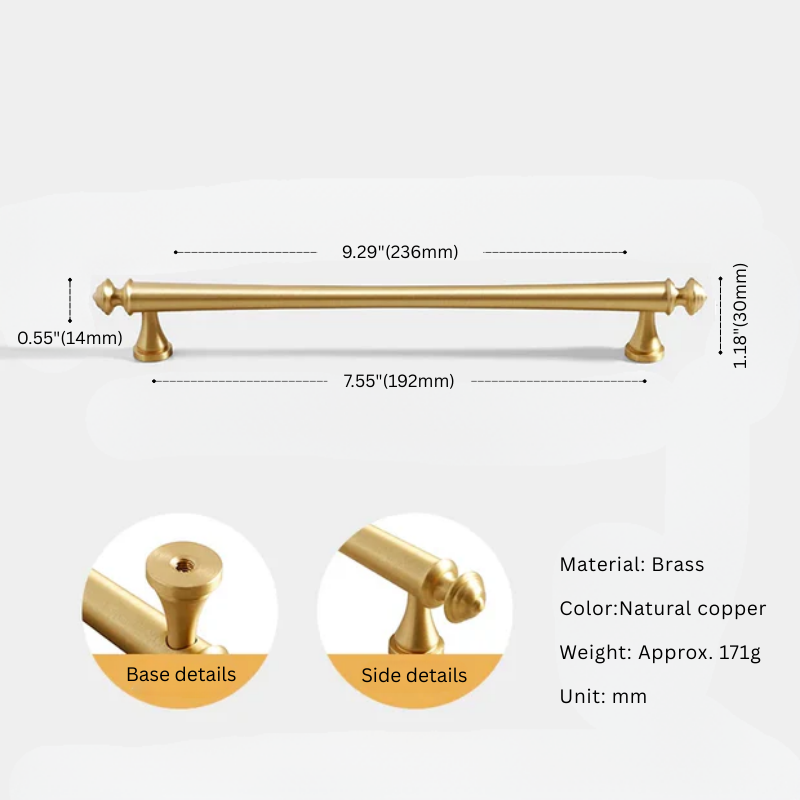 Gold cabinet handle with dimensions and material details on a white background