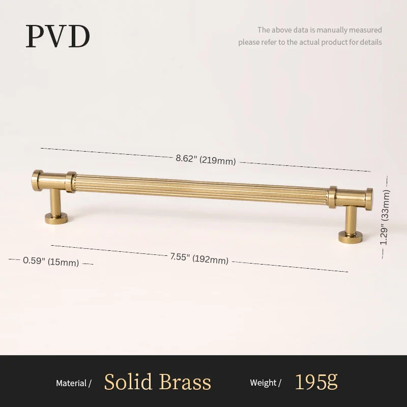 Gold cabinet handle with measurements on a white background