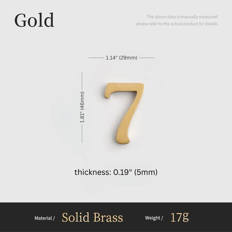 Gold number '7' with measurements on a white background