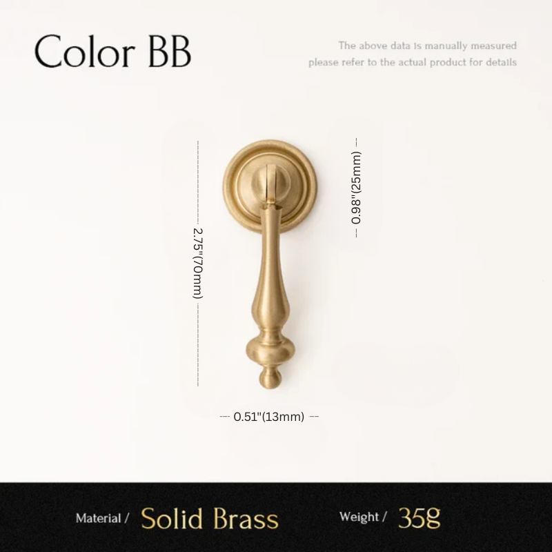Gold door handle with dimensions and material information on a white background