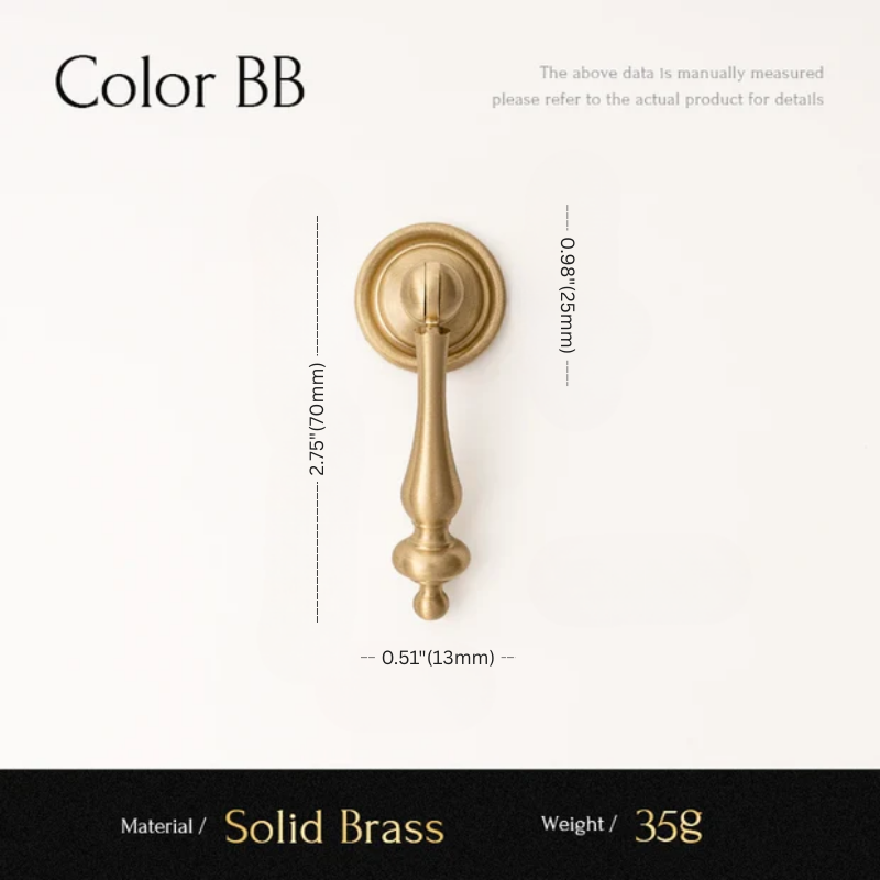 Gold door handle with dimensions and material information on a white background