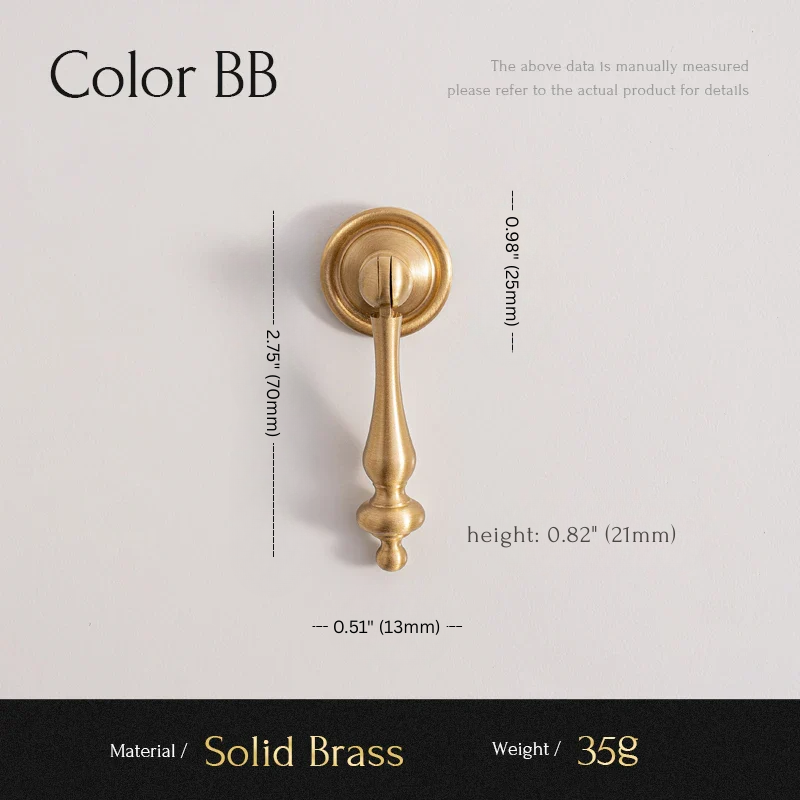 Solid brass door handle with dimensions and material details on a light gray background