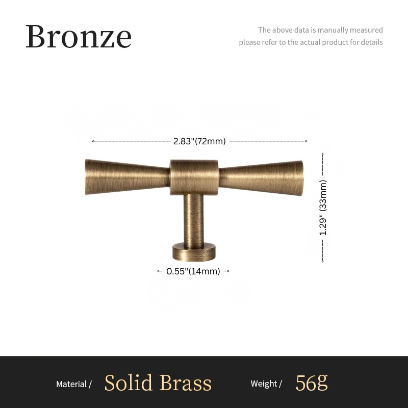 Measurement chart of a bronze door handle with dimensions and material details.