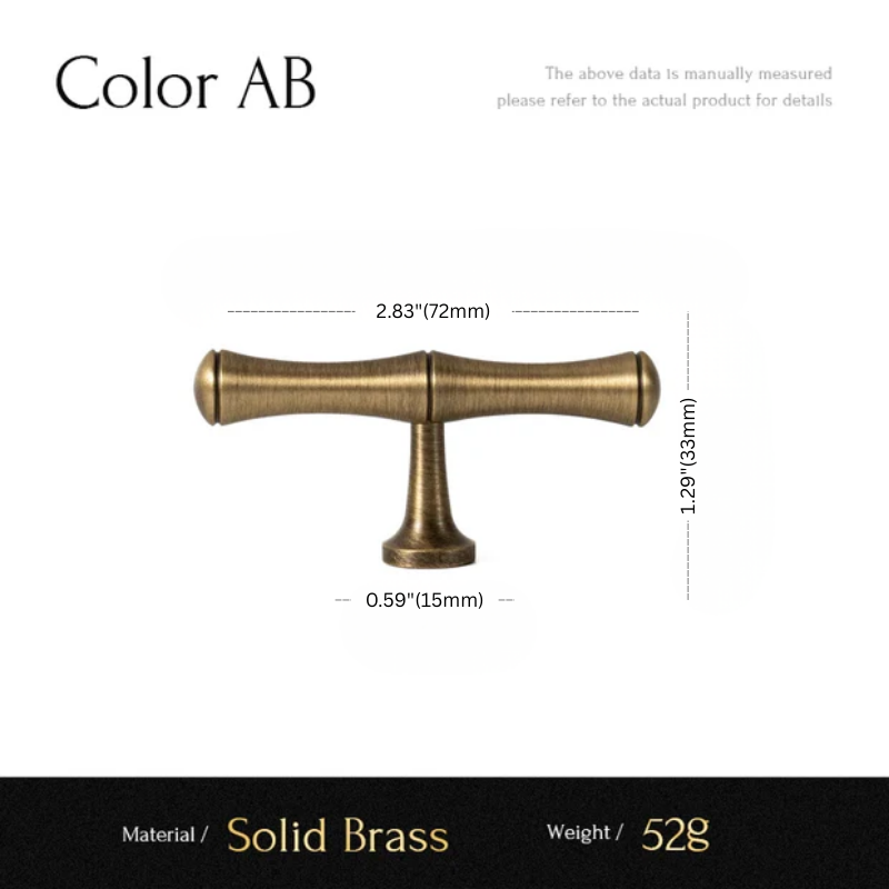 Solid brass cabinet handle with dimensions and material details on a white background