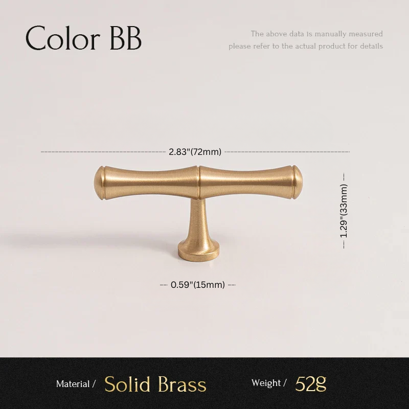 Solid brass cabinet handle with dimensions and material details on a light background