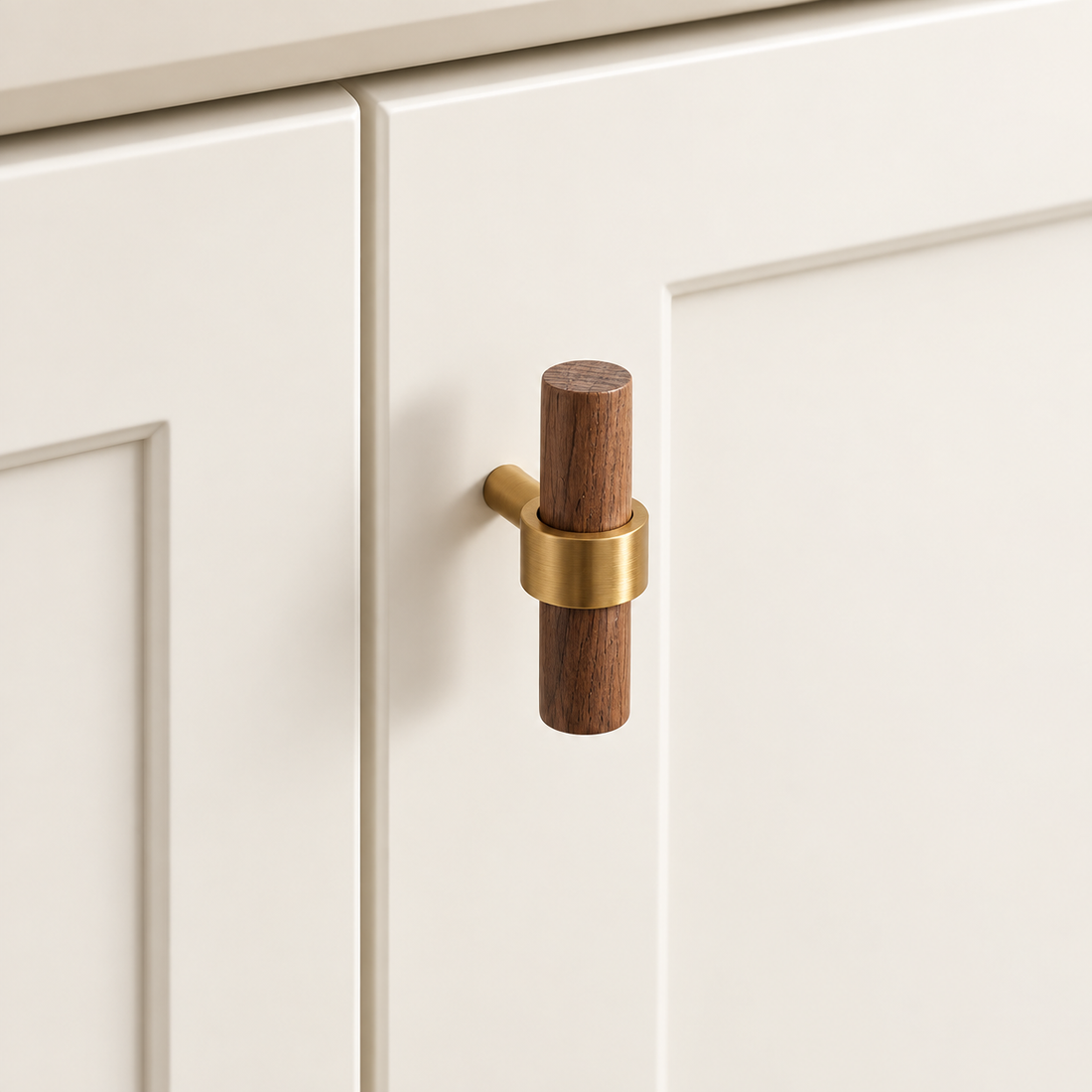 Black Walnut & Brass Cabinet Pull & T-Knob — Solid Wood Hardware on warm ivory stone
