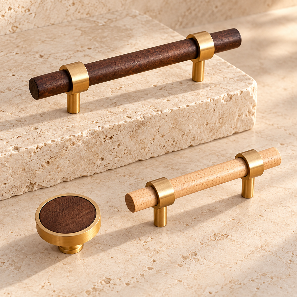 Black Walnut & Brass Cabinet Pull & T-Knob — Solid Wood Hardware on warm ivory stone
