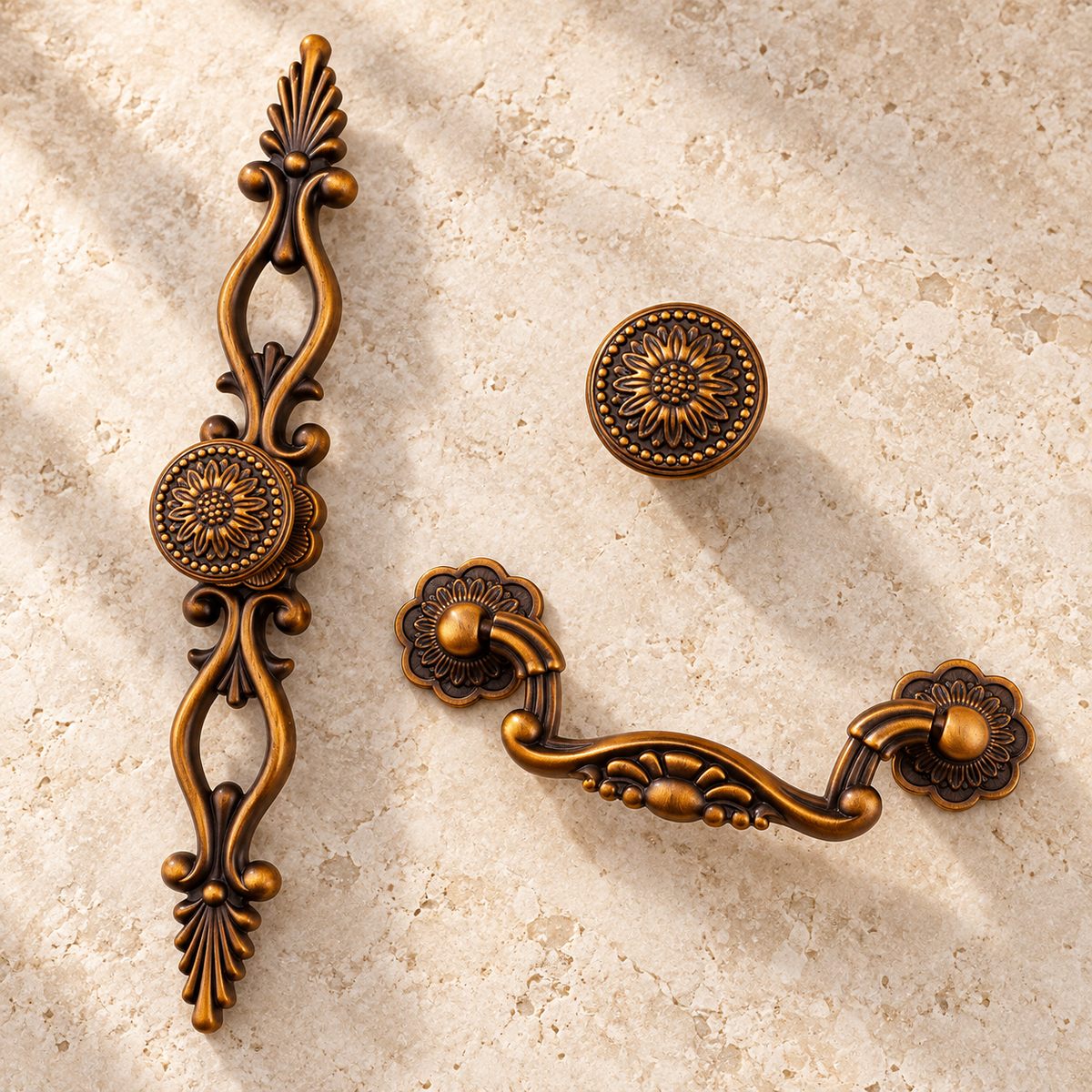 Antique Brass Cabinet Pulls & Knobs — Vintage European Style — premium supporting view