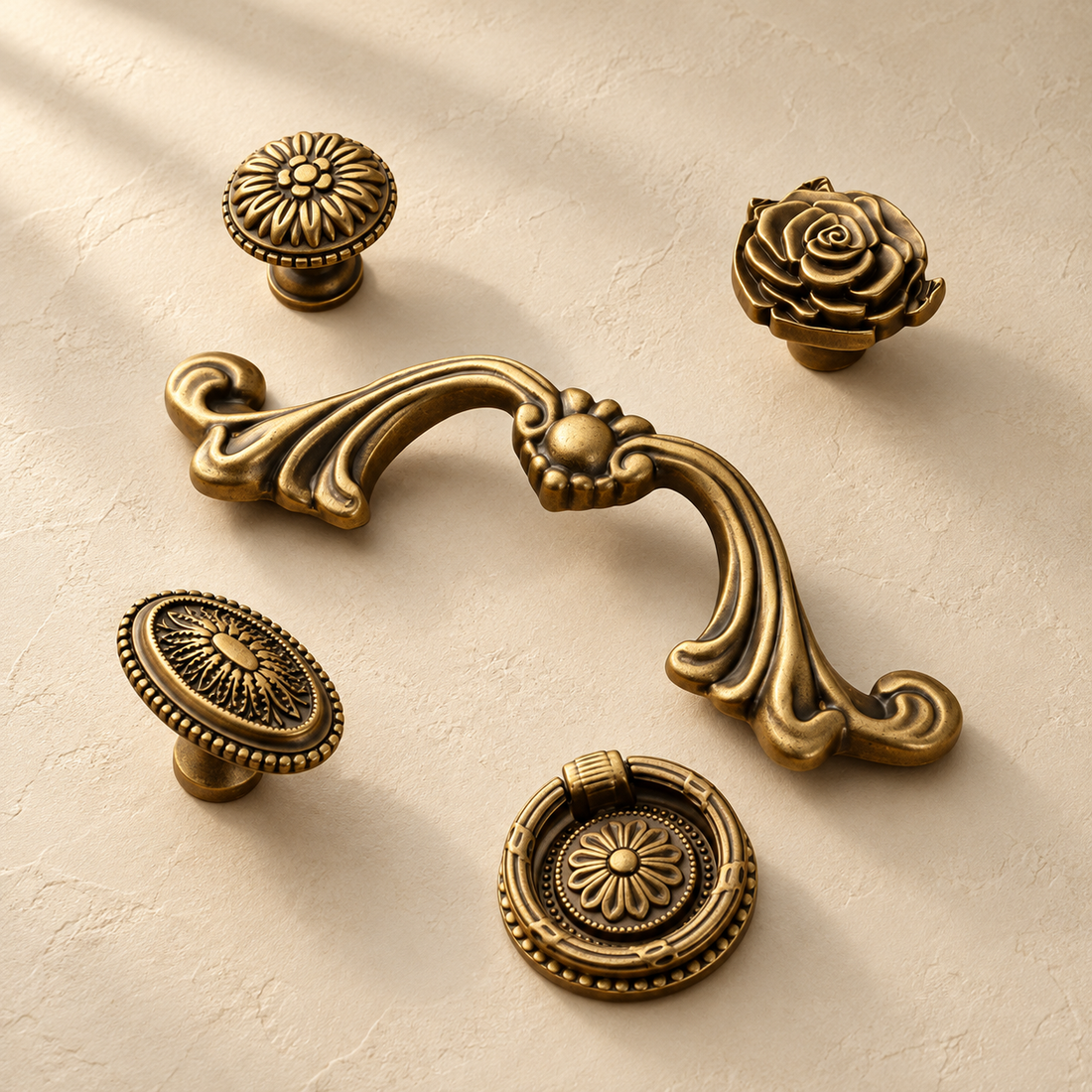 Antique Brass Cabinet Pulls & Knobs — Vintage Design on a warm ivory background