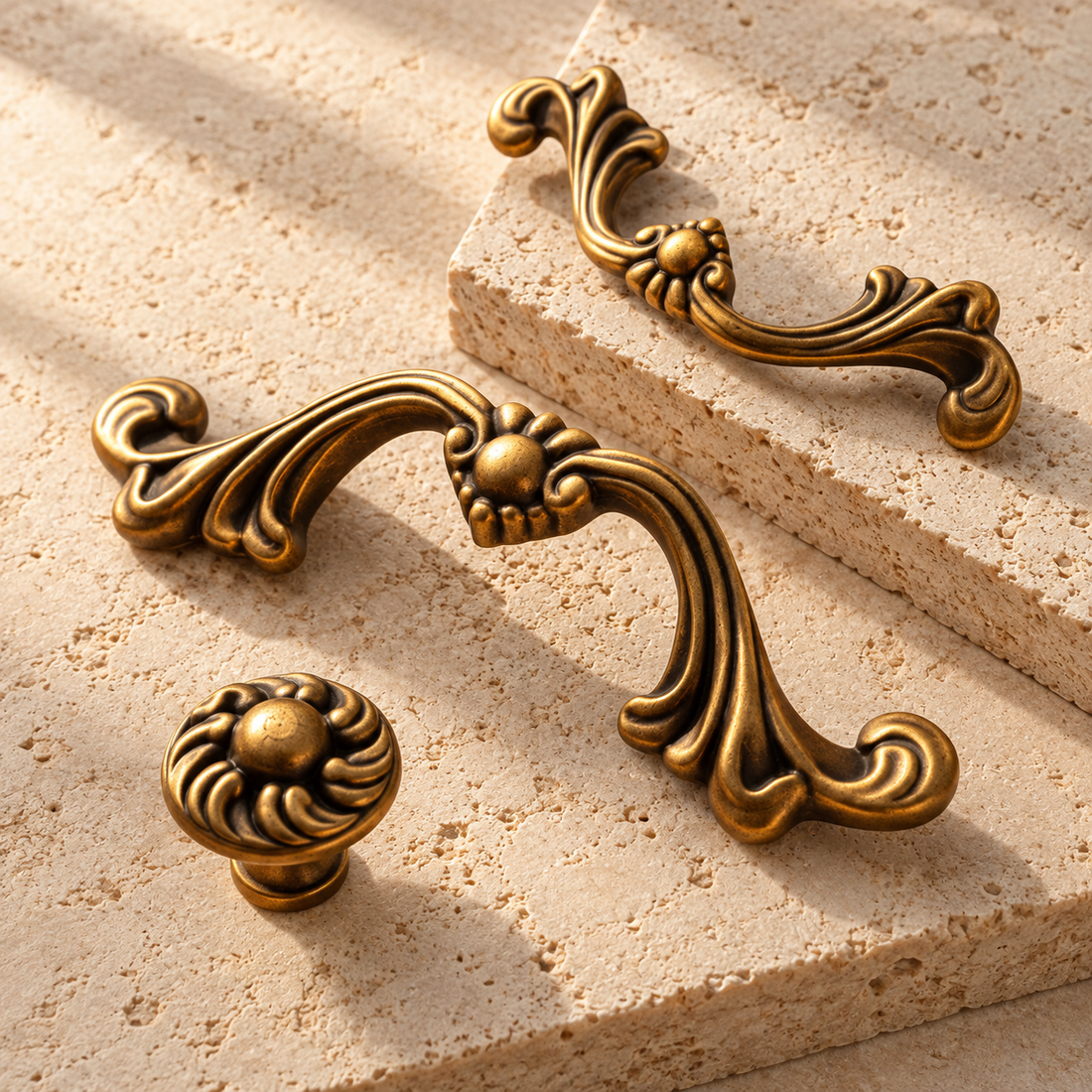 Antique Brass Cabinet Pulls & Knobs — Vintage Design on a warm ivory background